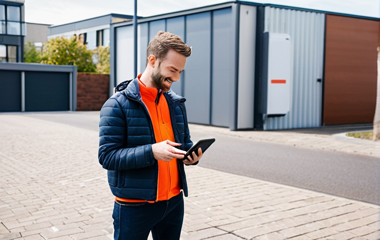 **Direct Surveys After Delivery**: Create an image of a customer receiving a drone delivery package, with a smartphone in hand displaying a survey interface. The background should show a modern urban environment, highlighting the convenience of drone deliveries and the ease of giving feedback through mobile technology.
